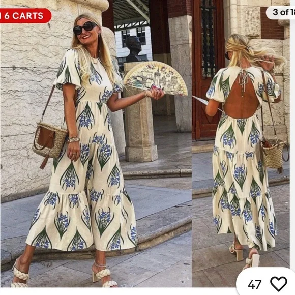 Zara Ecru Floral Linen Cotton Midi Dress Open Back Size Small - Picture 1 of 13